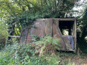 Photo of an old, rusty metal carriage with missing windows lodged into a wooded bank. There is ivy growing over it, ferns in front, and trees behind. A blue jumper is slung over one of the open window panes.