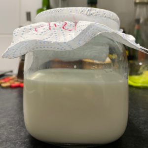A glass jar containing milk which I have inoculated with the rice wash. Day 1.