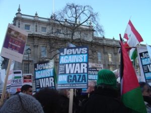 Photo of a 'Jews against the war' placards during a pro-Gaza protest in London.