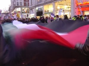 Abstract image of a giant Palestine flag being carried during a pro-Gaza protest in London.