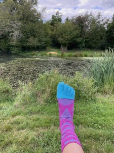 Photo of a foot in purple and blue toe socks with a rural pond in the background.