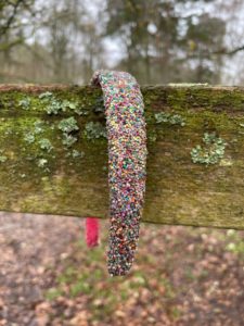 A photo of a multi-coloured glittery headband hanging off an old wooden fence railing with lichen on it. In the background are blurry trees.