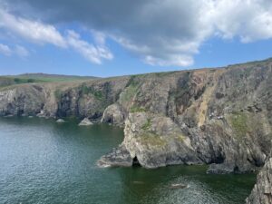Photo of the Pembrokeshire coastline: a rough, grey rocky cliffedge with a blue-green sea before it. There are lots of small caves in the cliffs. A blue sky and grey cloud above.