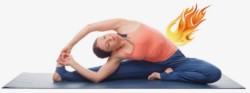 Photo of a woman doing revolved head to knee pose (parivrtta janu sirasana) with fire coming out of her side.