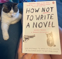 Photo of my cat and the book 'How not to write a novel'.