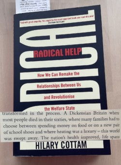 Photo of Hilary Cottam's book 'Radical' and a quote.